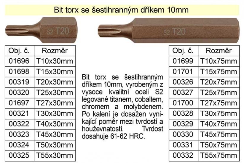Bit torx T40 se šestihranným dříkem 10mm délka 30mm
