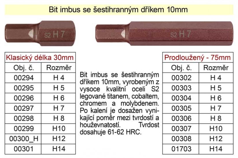 Bit imbus H10 se šestihranným dříkem 10mm délka 30mm