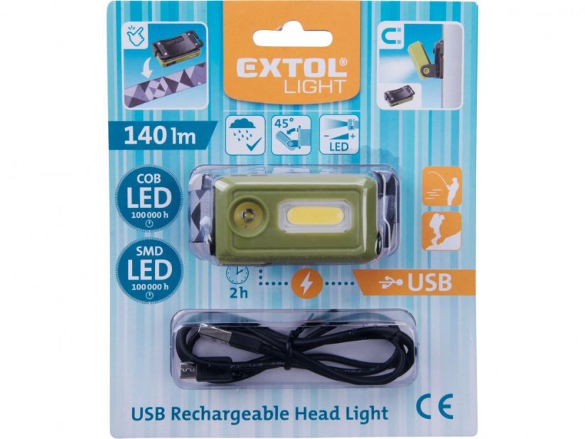 EXTOL LIGHT čelovka 140lm, nabíjecí, USB, LED+COB LED