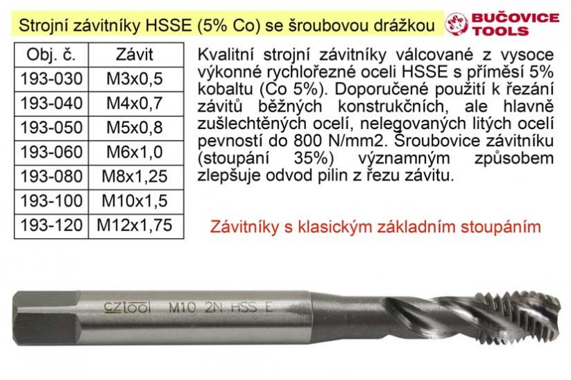 Strojní závitník M4x0,7 HSSE šroubová drážka Co 5%