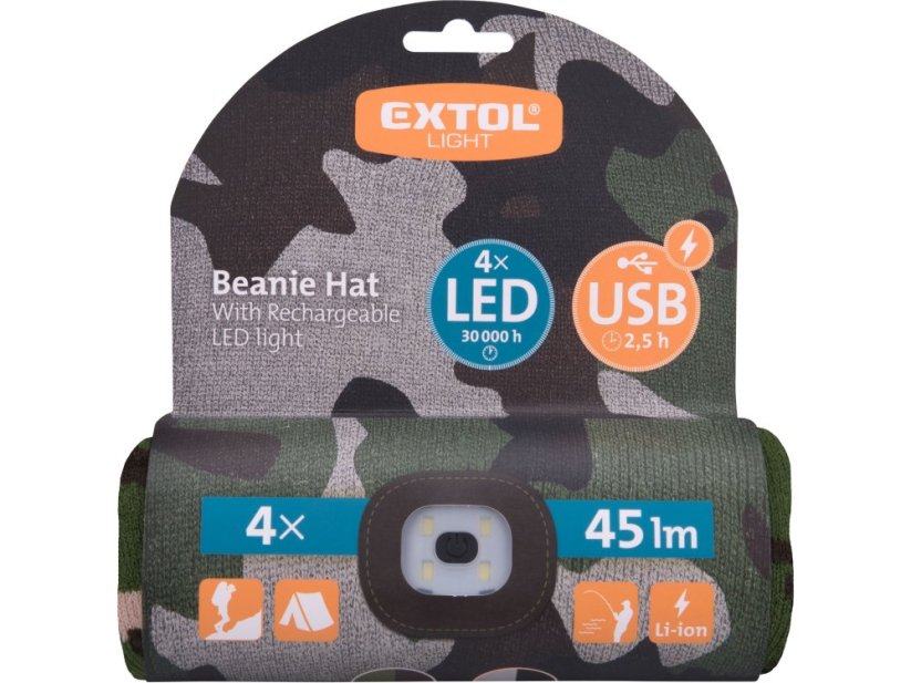 EXTOL LIGHT čepice s čelovkou 4x45lm, USB nabíjení, maskovací, univerzální velikost 43464