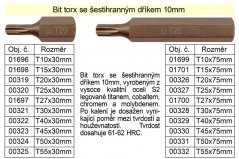 Bit torx T20 se šestihranným dříkem 10mm délka 75mm