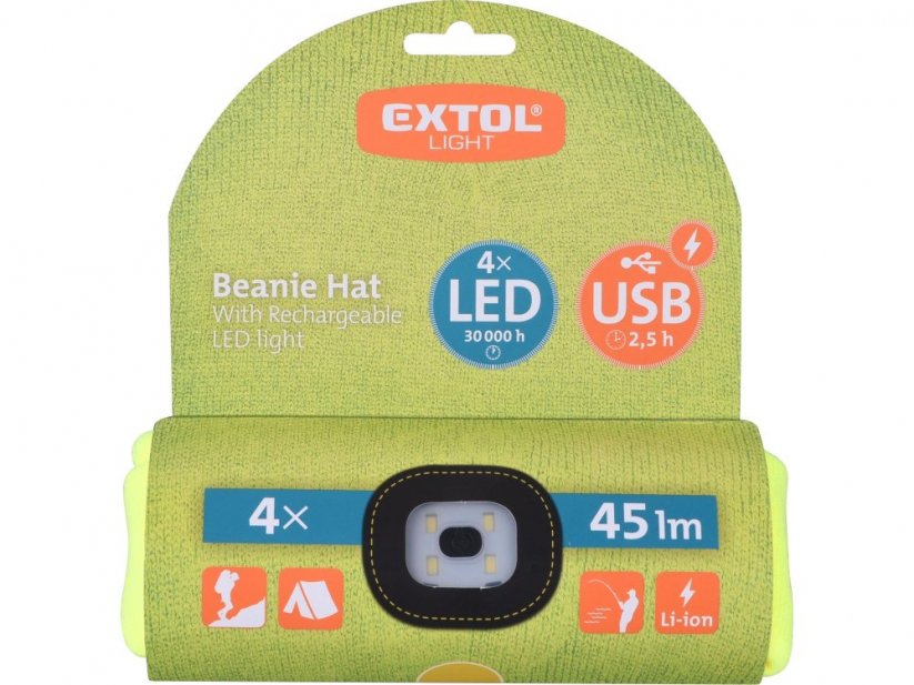 EXTOL LIGHT čepice s čelovkou, nabíjecí, USB, reflexní žlutá, univerzální velikost 43194