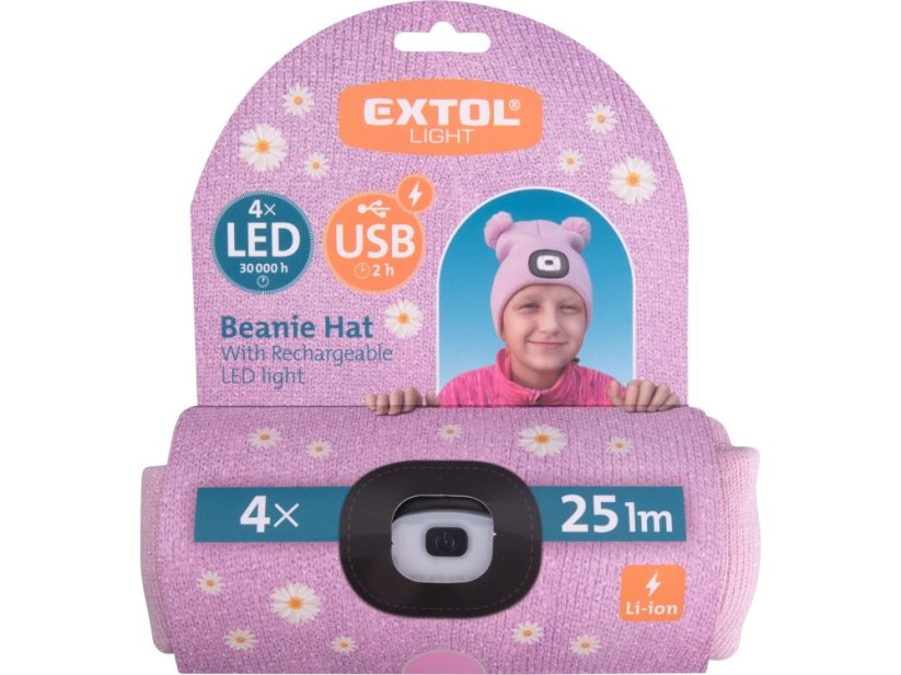 EXTOL LIGHT čepice s čelovkou 4x25lm, USB nabíjení, růžová se třpytkou a bambulemi, dětská