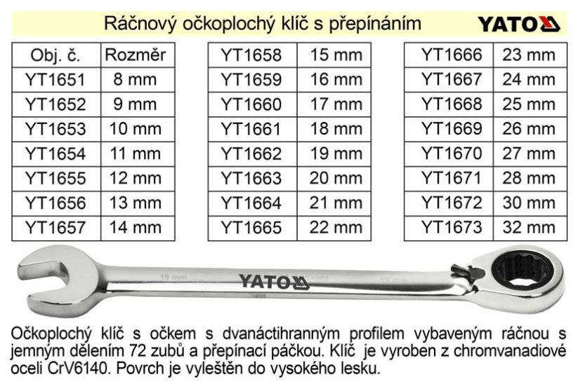 YATO Ráčnový klíč očkoplochý s přepínáním 8mm