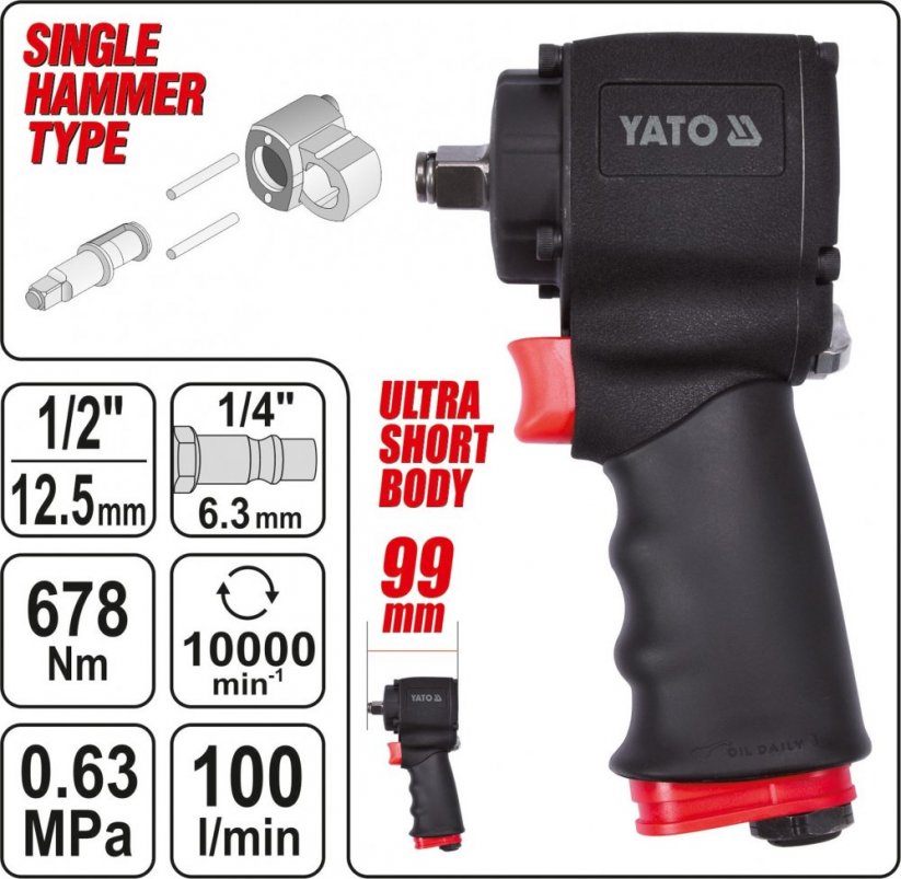YATO Rázový utahovák pneumatický - mini 1/2" 678 Nm YT-09512