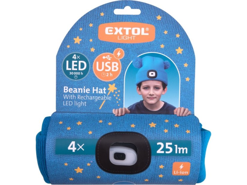 EXTOL LIGHT čepice s čelovkou 4x25lm, USB nabíjení, modrá s bambulemi, dětská 43459