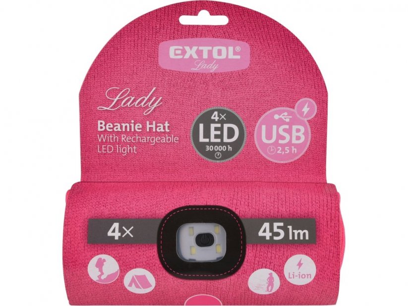 EXTOL LIGHT čepice s čelovkou, nabíjecí, USB, růžová, univerzální velikost 43193