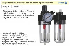 VOREL Regulátor tlaku vzduchu s odlučovačem a přimazáváním, 1/2", redukční ventil 81556