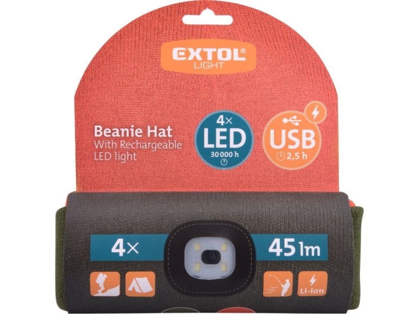 EXTOL LIGHT čepice s LED 4x45lm, USB, oranžová/zelená