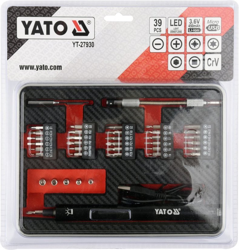 YATO Mini aku šroubovák 3,6V/0,45Ah USB nabíjecí + sada bitů